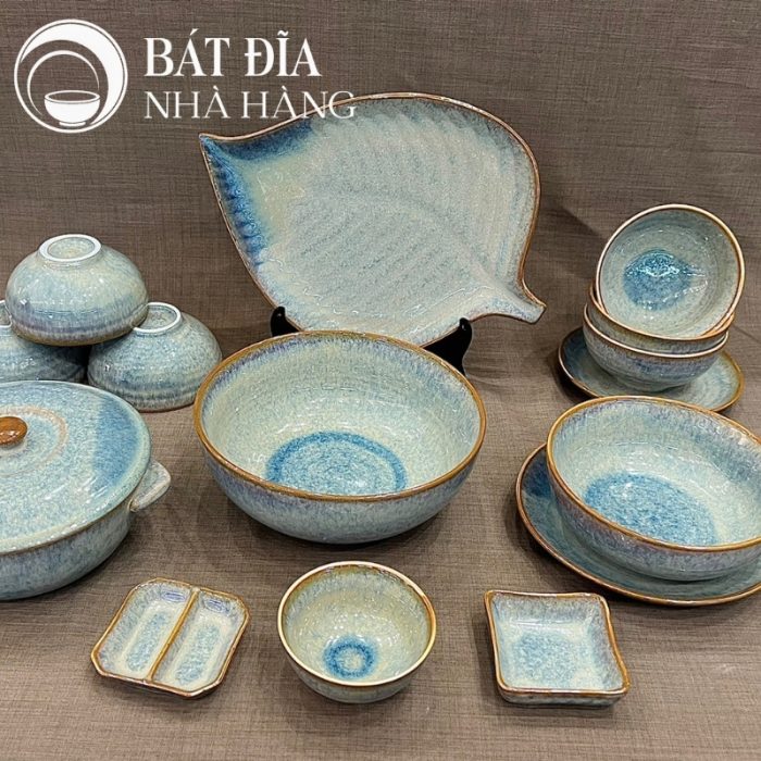 Bộ Bát Đĩa Men Hỏa Biến Xanh Viền Nâu Chảy