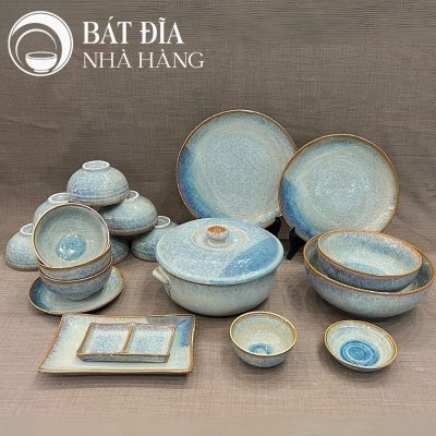 Bộ Bát Đĩa Men Hỏa Biến Xanh Viền Nâu Chảy