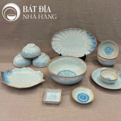 Bộ Bát Đĩa Men Hỏa Biến Xanh Viền Nâu Chảy
