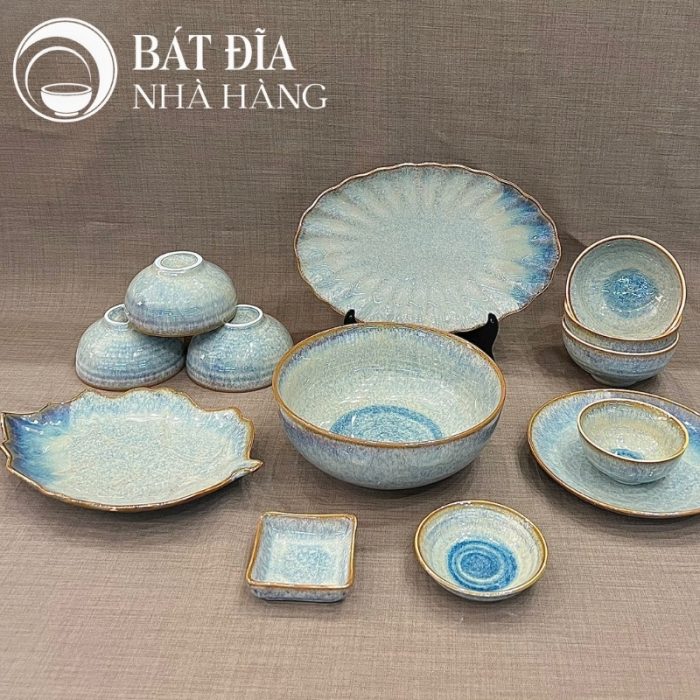Bộ Bát Đĩa Men Hỏa Biến Xanh Viền Nâu Chảy