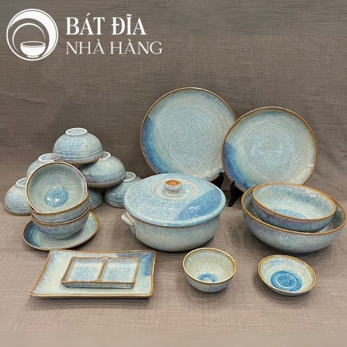 Bộ Bát Đĩa Men Hỏa Biến Xanh Viền Nâu Chảy