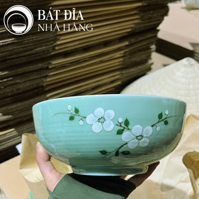 Bộ Bát Đĩa Men Lam Vẽ Đào Trắng