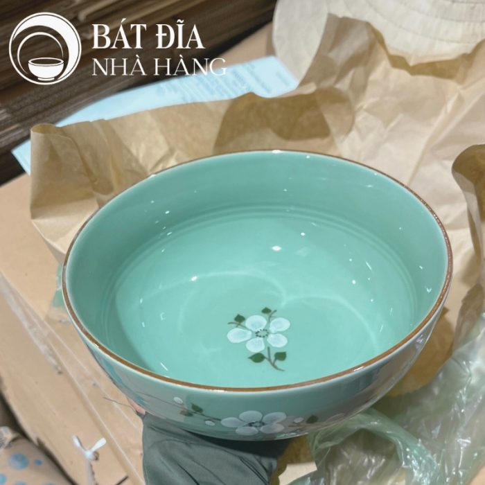 Bộ Bát Đĩa Men Lam Vẽ Đào Trắng