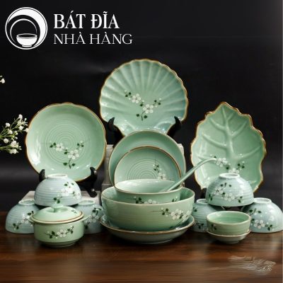 Bộ Bát Đĩa Men Lam Vẽ Đào Trắng