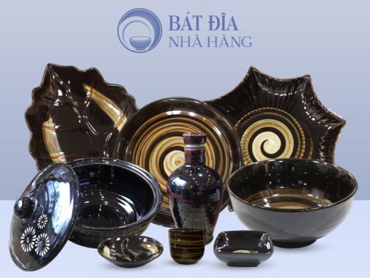 Bộ bát đĩa Men Nâu Quét
