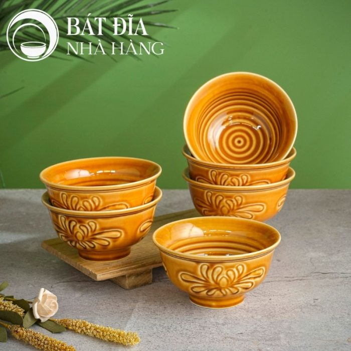 Bộ Bát Đĩa Men Nâu Vẽ Hoa Cúc