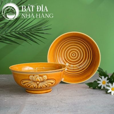 Bộ Bát Đĩa Men Nâu Vẽ Hoa Cúc