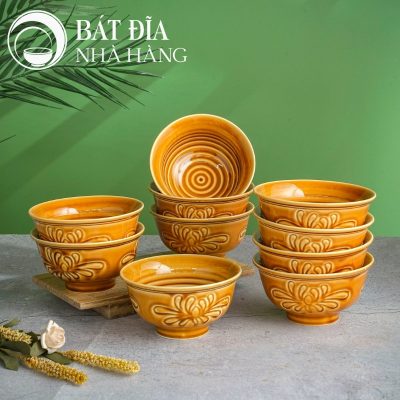 Bộ Bát Đĩa Men Nâu Vẽ Hoa Cúc