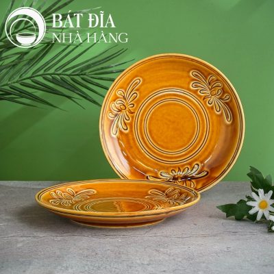 Bộ Bát Đĩa Men Nâu Vẽ Hoa Cúc