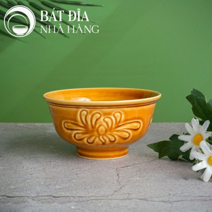 Bộ Bát Đĩa Men Nâu Vẽ Hoa Cúc