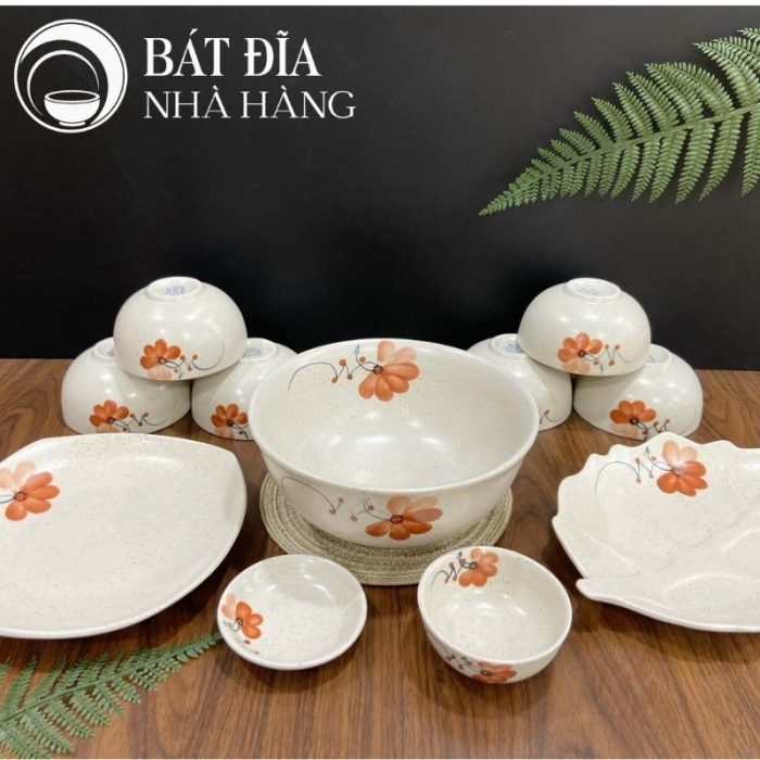 Bộ Bát Đĩa Men Tiêu Hoa Đào Đỏ