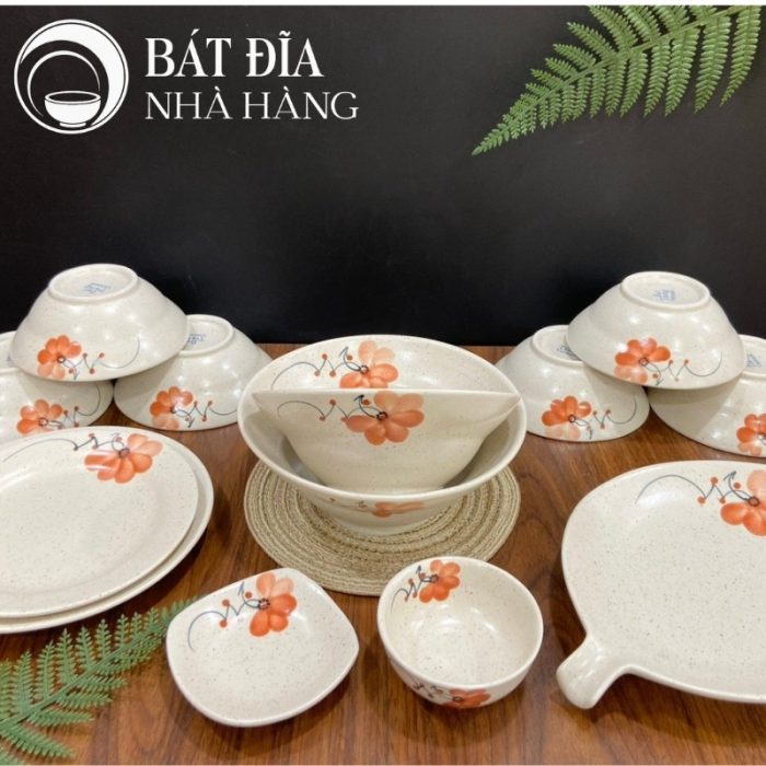 Bộ Bát Đĩa Men Tiêu Hoa Đào Đỏ