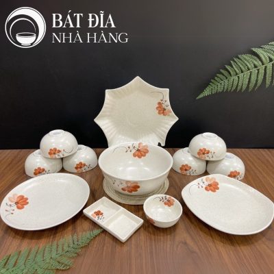 Bộ Bát Đĩa Men Tiêu Hoa Đào Đỏ