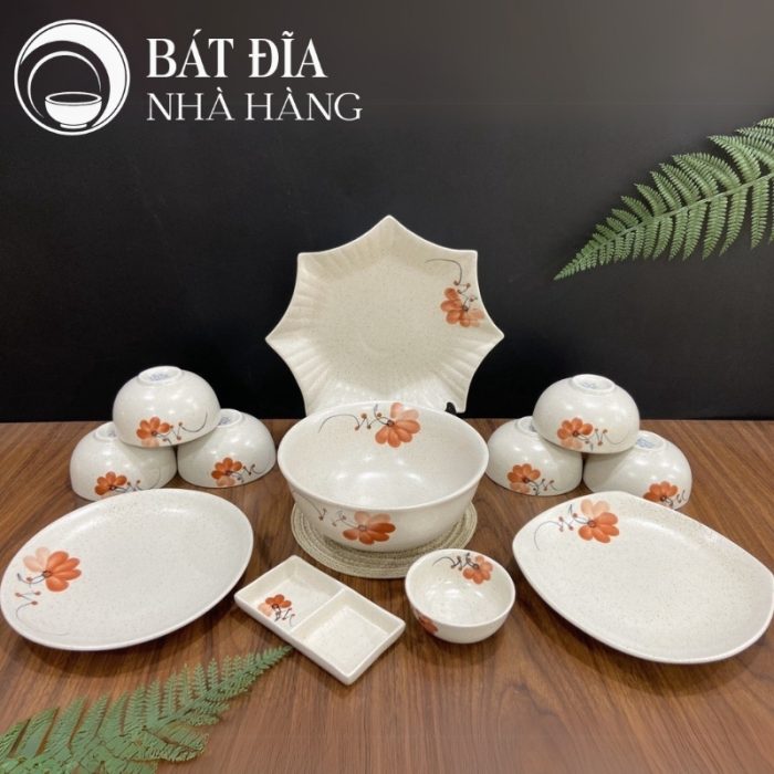 Bộ Bát Đĩa Men Tiêu Hoa Đào Đỏ