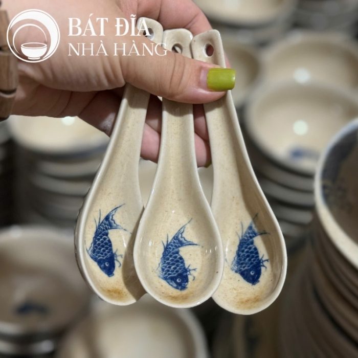 Bộ Bát Đĩa Men Tiêu Họa Tiết Vân Sóng Và Cá