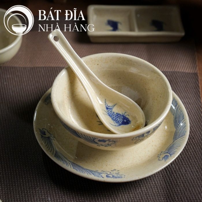 Bộ Bát Đĩa Men Tiêu Họa Tiết Vân Sóng Và Cá