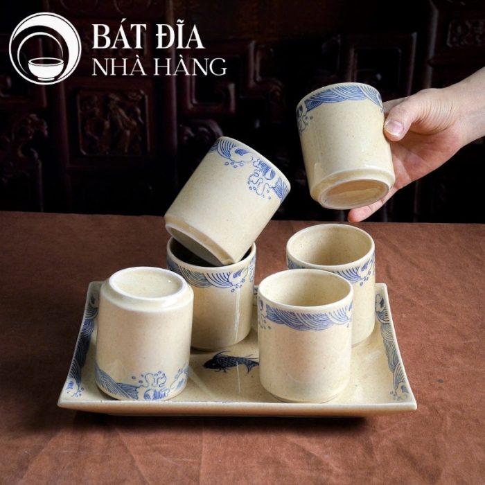 Bộ Bát Đĩa Men Tiêu Họa Tiết Vân Sóng Và Cá
