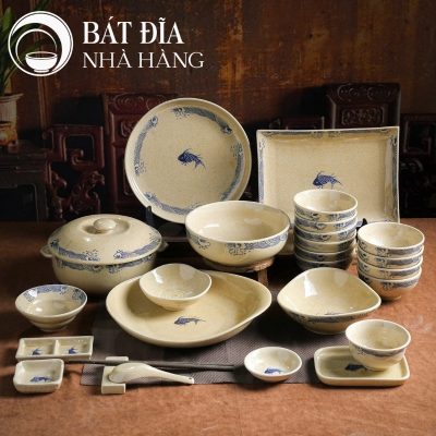 Bộ Bát Đĩa Men Tiêu Họa Tiết Vân Sóng Và Cá