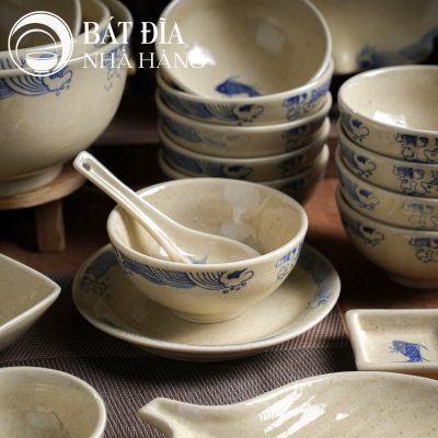 Bộ Bát Đĩa Men Tiêu Họa Tiết Vân Sóng Và Cá