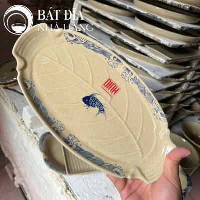 Bộ Bát Đĩa Men Tiêu Họa Tiết Vân Sóng Và Cá