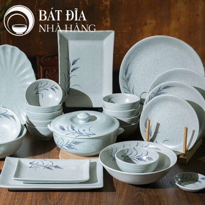 Bộ Bát Đĩa Men Tiêu Vẽ Hoa Cỏ Lau