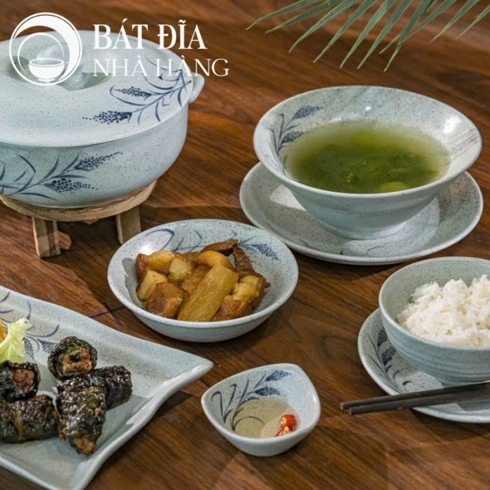 Bộ Bát Đĩa Men Tiêu Vẽ Hoa Cỏ Lau