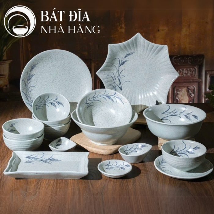 Bộ Bát Đĩa Men Tiêu Vẽ Hoa Cỏ Lau