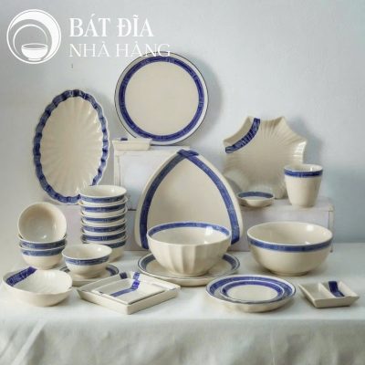 Bộ Bát Đĩa Men Trắng Kẻ Viền Xanh