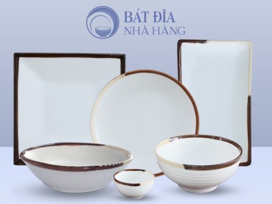 Bộ bát đĩa Men Matt Trắng Kẻ Miệng
