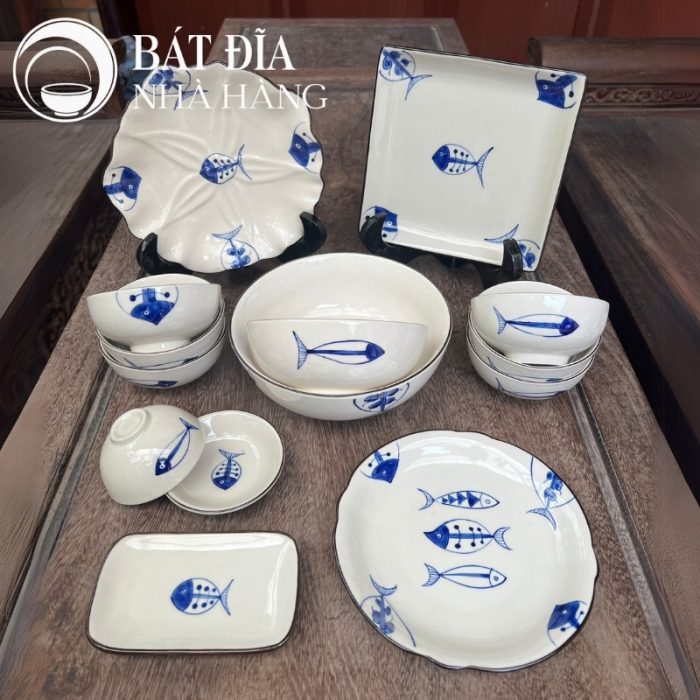 Bộ Bát Đĩa Men Trắng Vẽ Cá