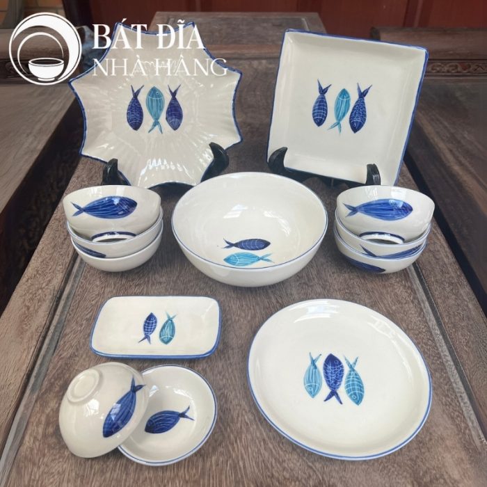 Bộ Bát Đĩa Men Trắng Vẽ Cá