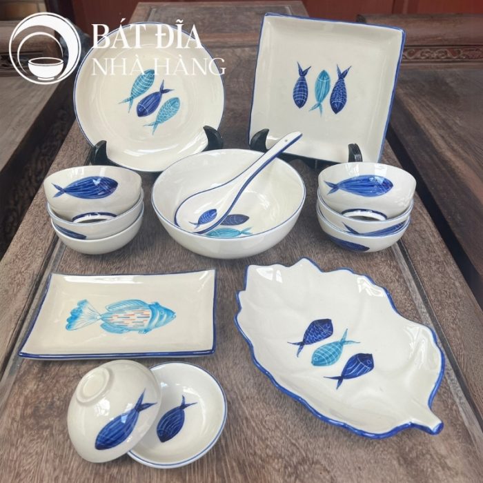 Bộ Bát Đĩa Men Trắng Vẽ Cá