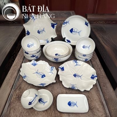 Bộ Bát Đĩa Men Trắng Vẽ Cá