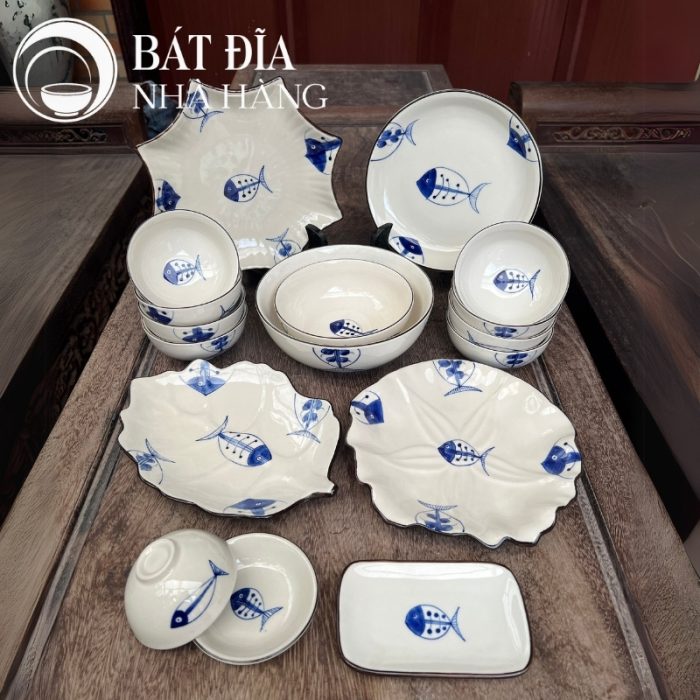 Bộ Bát Đĩa Men Trắng Vẽ Cá