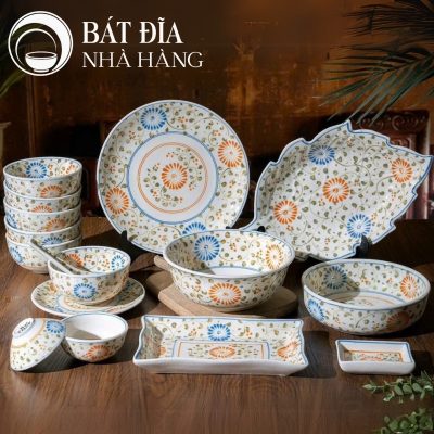 Bộ Bát Đĩa Men Trắng Vẽ Hoa Cúc