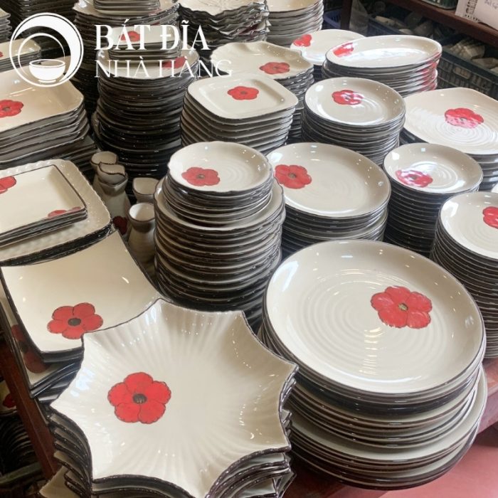Bộ Bát Đĩa Men Trắng Vẽ Hoa Đỏ