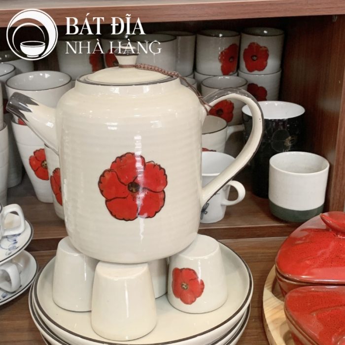Bộ Bát Đĩa Men Trắng Vẽ Hoa Đỏ