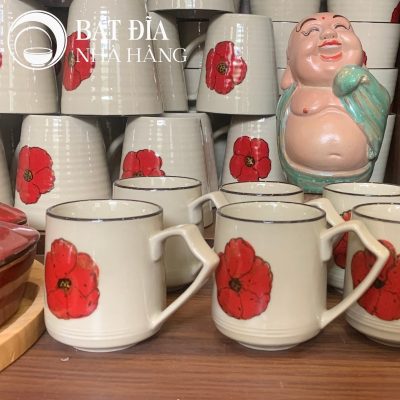 Bộ Bát Đĩa Men Trắng Vẽ Hoa Đỏ