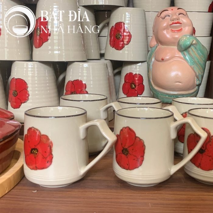Bộ Bát Đĩa Men Trắng Vẽ Hoa Đỏ