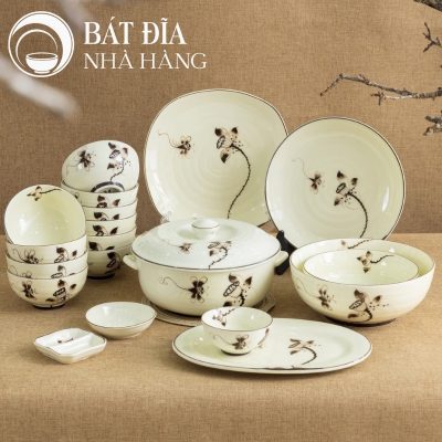 Bộ Bát Đĩa Men Trắng Vẽ Sen Nâu