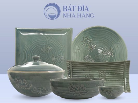 Bộ bát đĩa Men Xanh Khắc Hoa Cúc