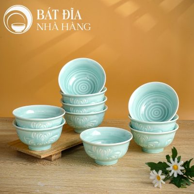 Bộ Bát Đĩa Men Xanh Ngọc Vẽ Hoa Cúc
