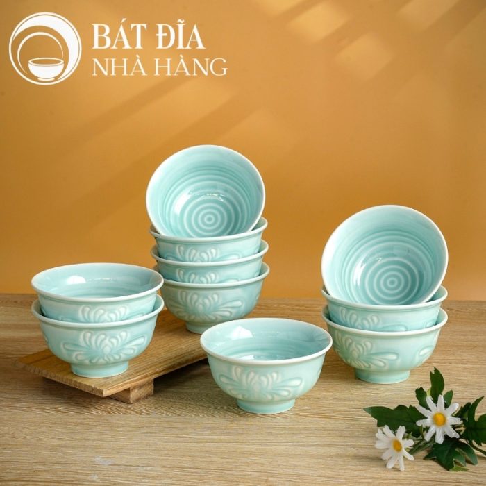 Bộ Bát Đĩa Men Xanh Ngọc Vẽ Hoa Cúc