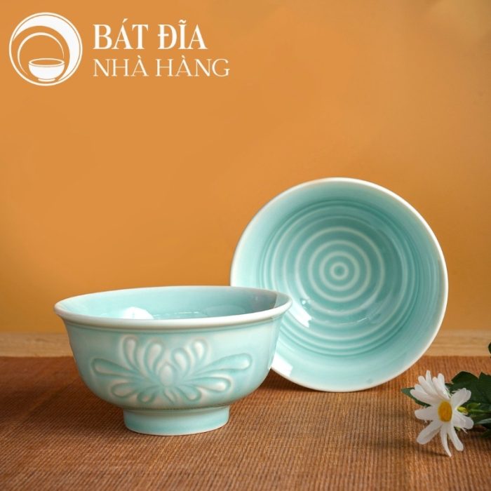Bộ Bát Đĩa Men Xanh Ngọc Vẽ Hoa Cúc