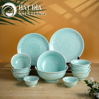 Bộ Bát Đĩa Men Xanh Ngọc Vẽ Hoa Cúc