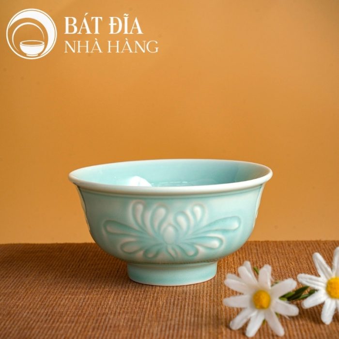 Bộ Bát Đĩa Men Xanh Ngọc Vẽ Hoa Cúc