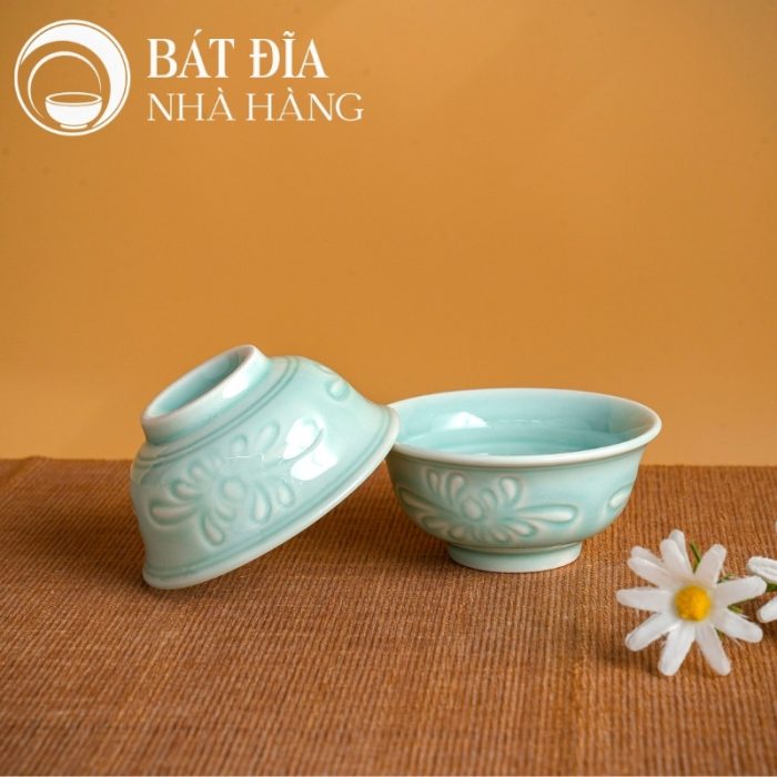 Bộ Bát Đĩa Men Xanh Ngọc Vẽ Hoa Cúc