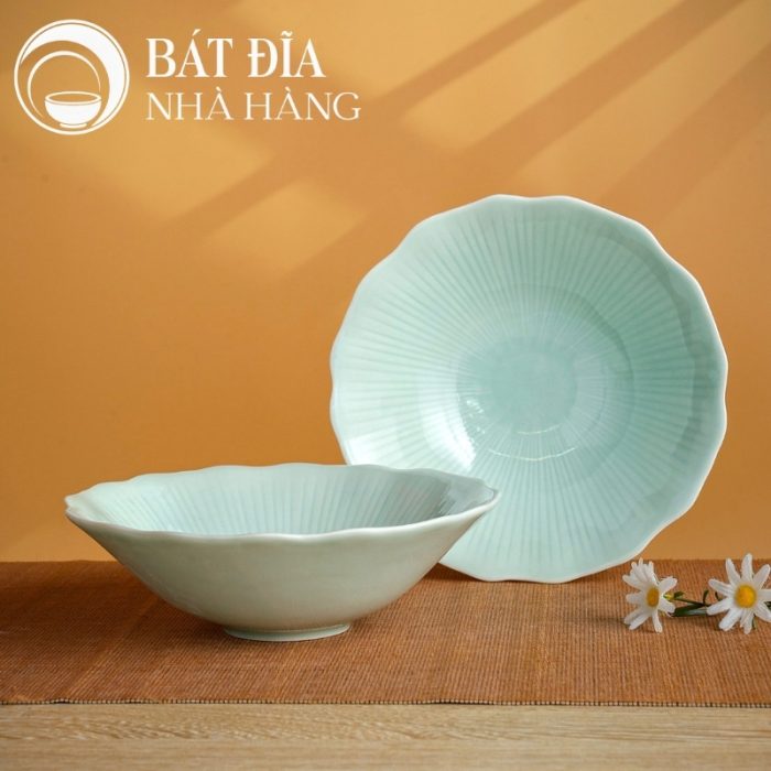 Bộ Bát Đĩa Men Xanh Ngọc Vẽ Hoa Cúc