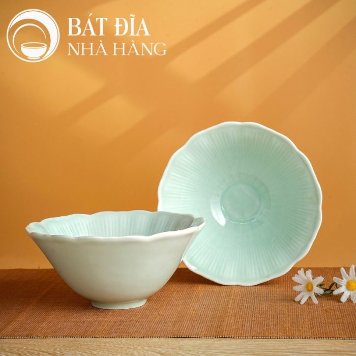 Bộ Bát Đĩa Men Xanh Ngọc Vẽ Hoa Cúc