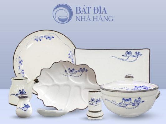 Bộ bát đĩa Men Trắng Vẽ Sen Lam